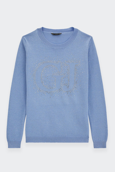 Guess LIGHT BLUE RHINESTONE LOGO SWEATER